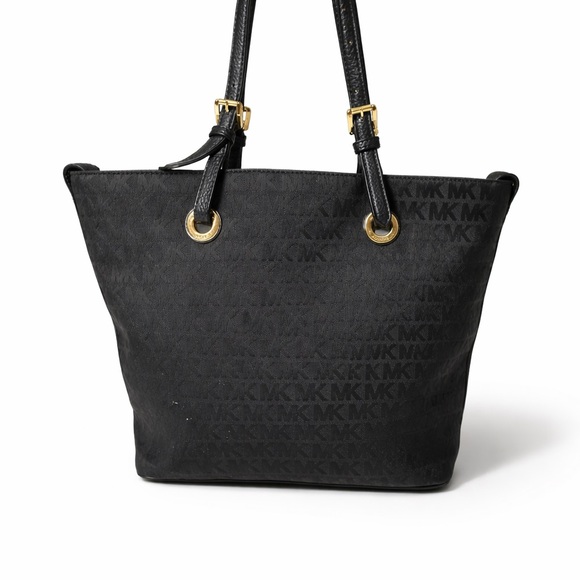 Michael Kors Handbags - Michael Kors Black Logo Canvas Tote Bag Pebbled Leather Trim Gold
